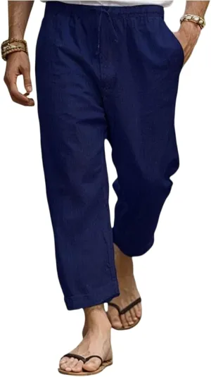 2025 Men's Cotton Linen Pants Elastic Waist Casual Solid Color Drawstring Straight Pants