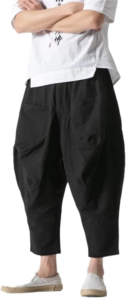 Alloaone Mens Wide Crotch Harem Pants Chinese Style Ankle-Length Pants Male Wide-Legged Bloomers Trousers