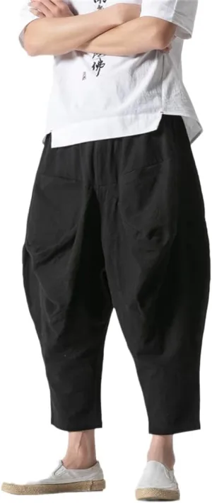 Alloaone Mens Wide Crotch Harem Pants Chinese Style Ankle-Length Pants Male Wide-Legged Bloomers Trousers