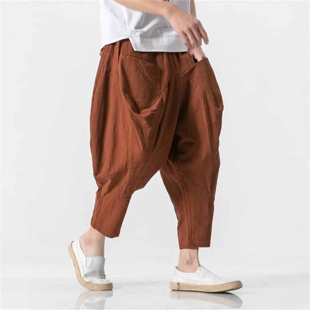 Alloaone Mens Wide Crotch Harem Pants Chinese Style Ankle-Length Pants Male Wide-Legged Bloomers Trousers