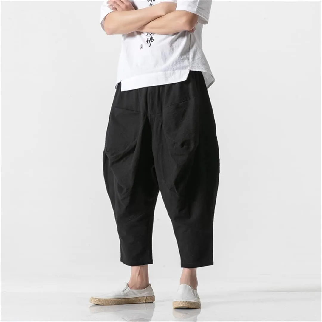 Alloaone Mens Wide Crotch Harem Pants Chinese Style Ankle-Length Pants Male Wide-Legged Bloomers Trousers