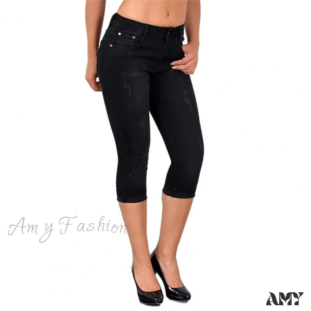 Amy Fashion - Skinny High Waist Cropped Denim Capri Pants