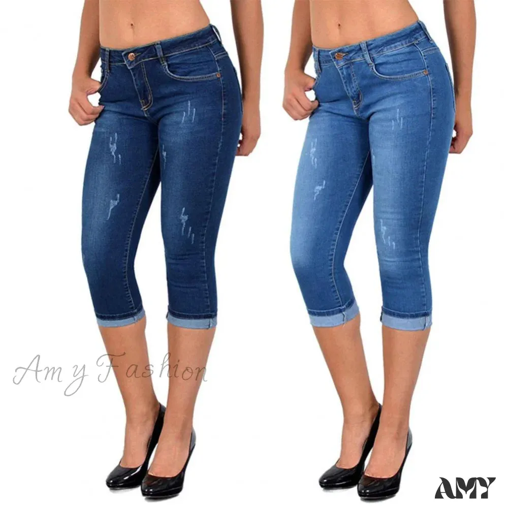 Amy Fashion - Skinny High Waist Cropped Denim Capri Pants
