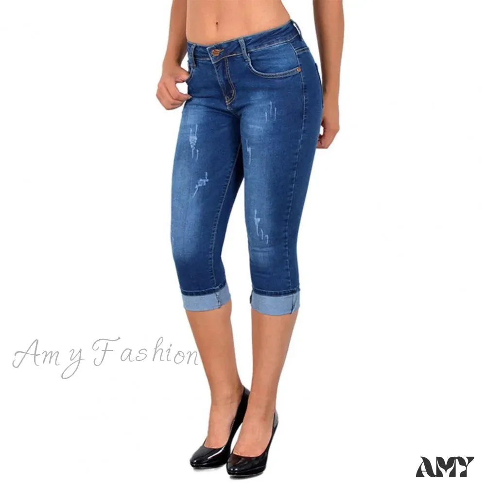 Amy Fashion - Skinny High Waist Cropped Denim Capri Pants
