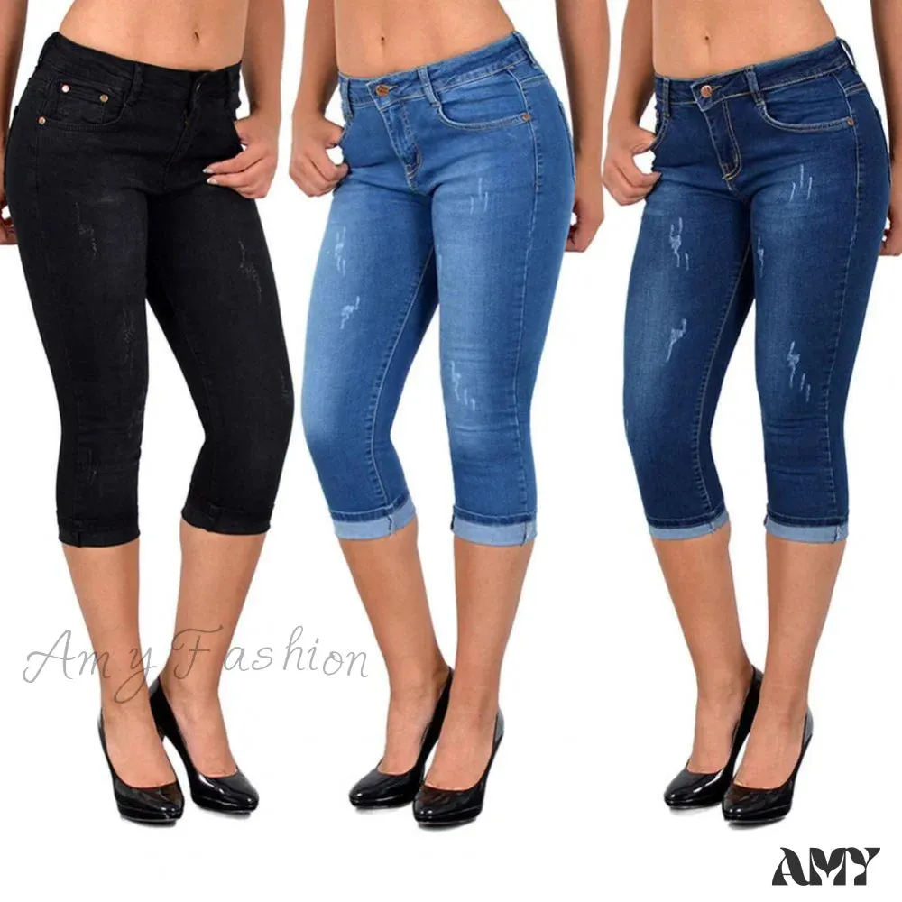 Amy Fashion - Skinny High Waist Cropped Denim Capri Pants