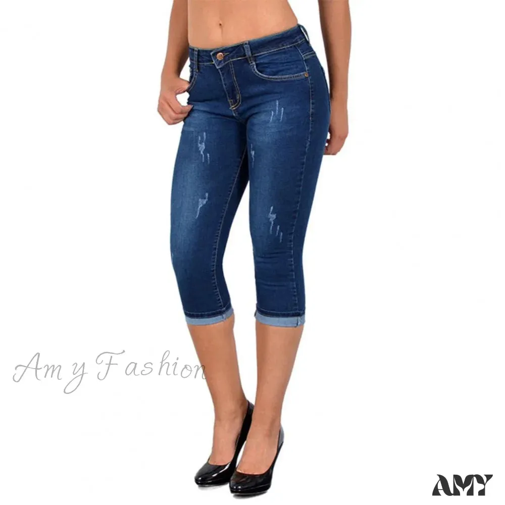 Amy Fashion - Skinny High Waist Cropped Denim Capri Pants