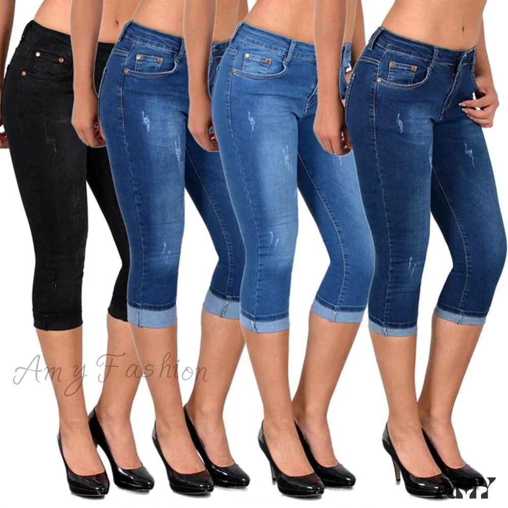 Amy Fashion - Skinny High Waist Cropped Denim Capri Pants