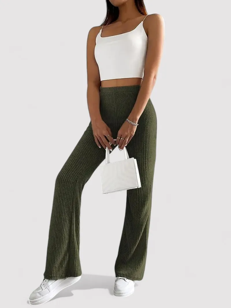 Ancien | Ribbed Flare Leg Trousers with High Waist