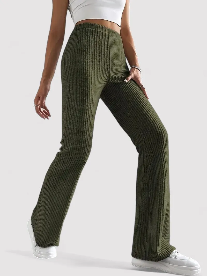 Ancien | Ribbed Flare Leg Trousers with High Waist