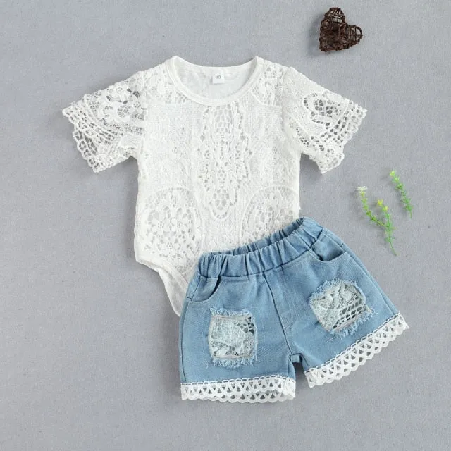Baby Girl Lace Bodysuit with Jeans 2Pc Outfit