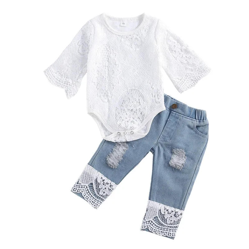 Baby Girl Lace Bodysuit with Jeans 2Pc Outfit