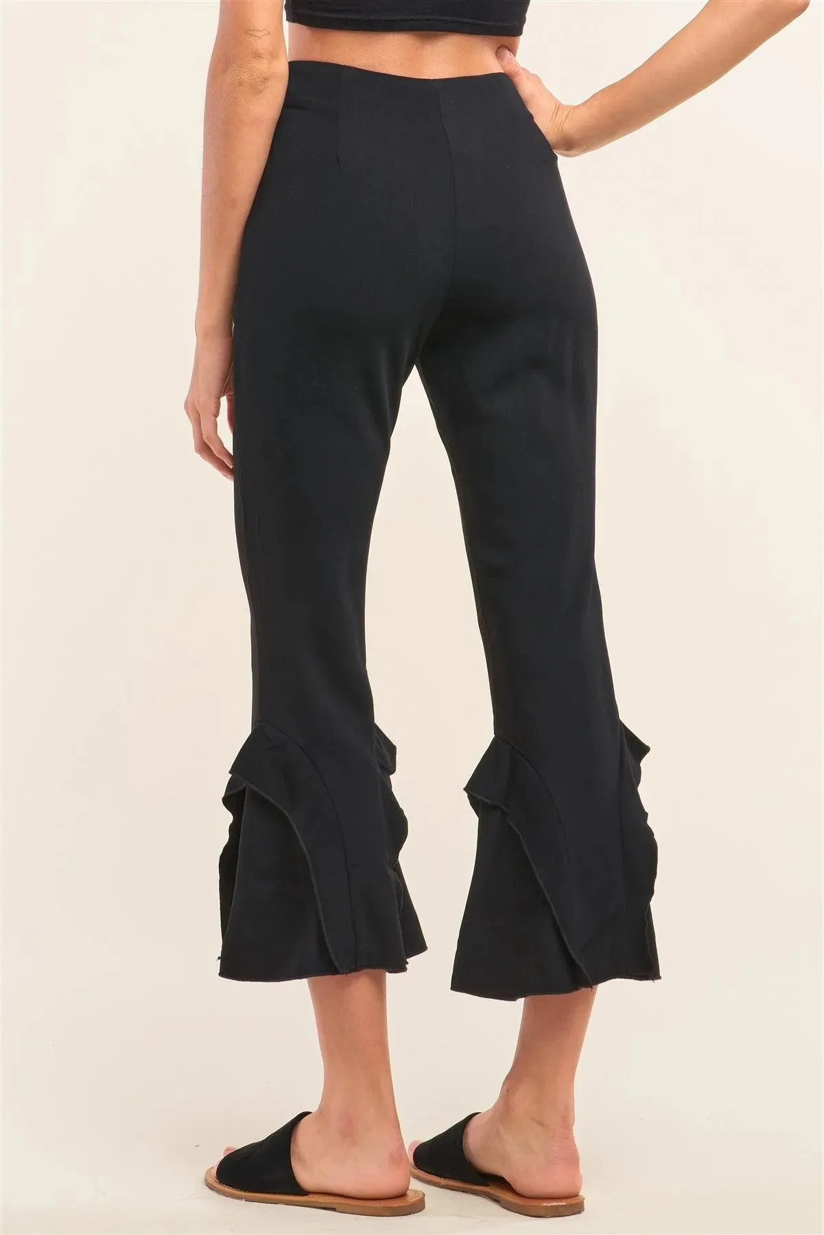 Black High Waisted Fitted Ruffle Trim Flare Detail Capri Pants