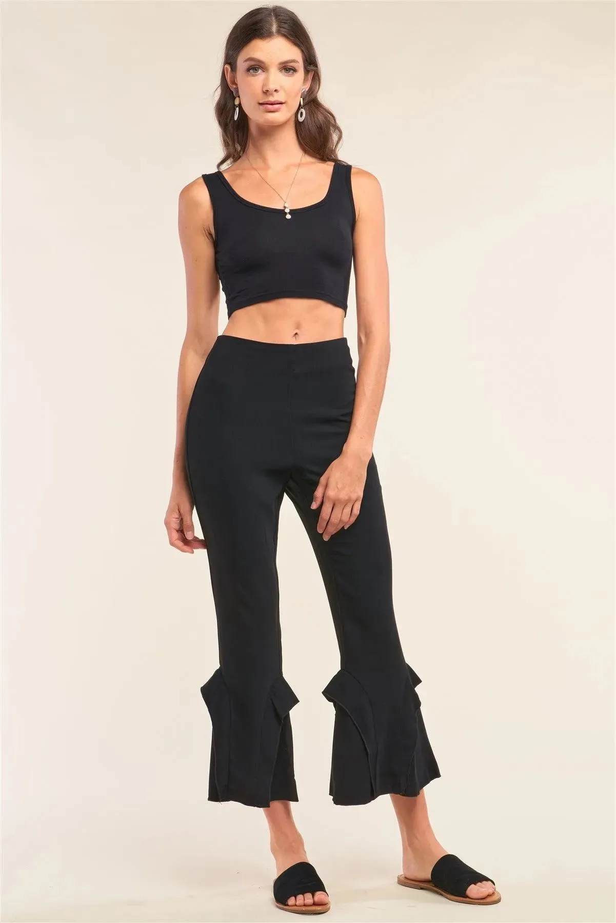 Black High Waisted Fitted Ruffle Trim Flare Detail Capri Pants