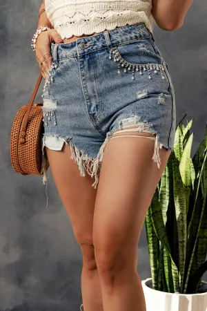 Blue Tassel Rhinestones Distressed Denim Shorts