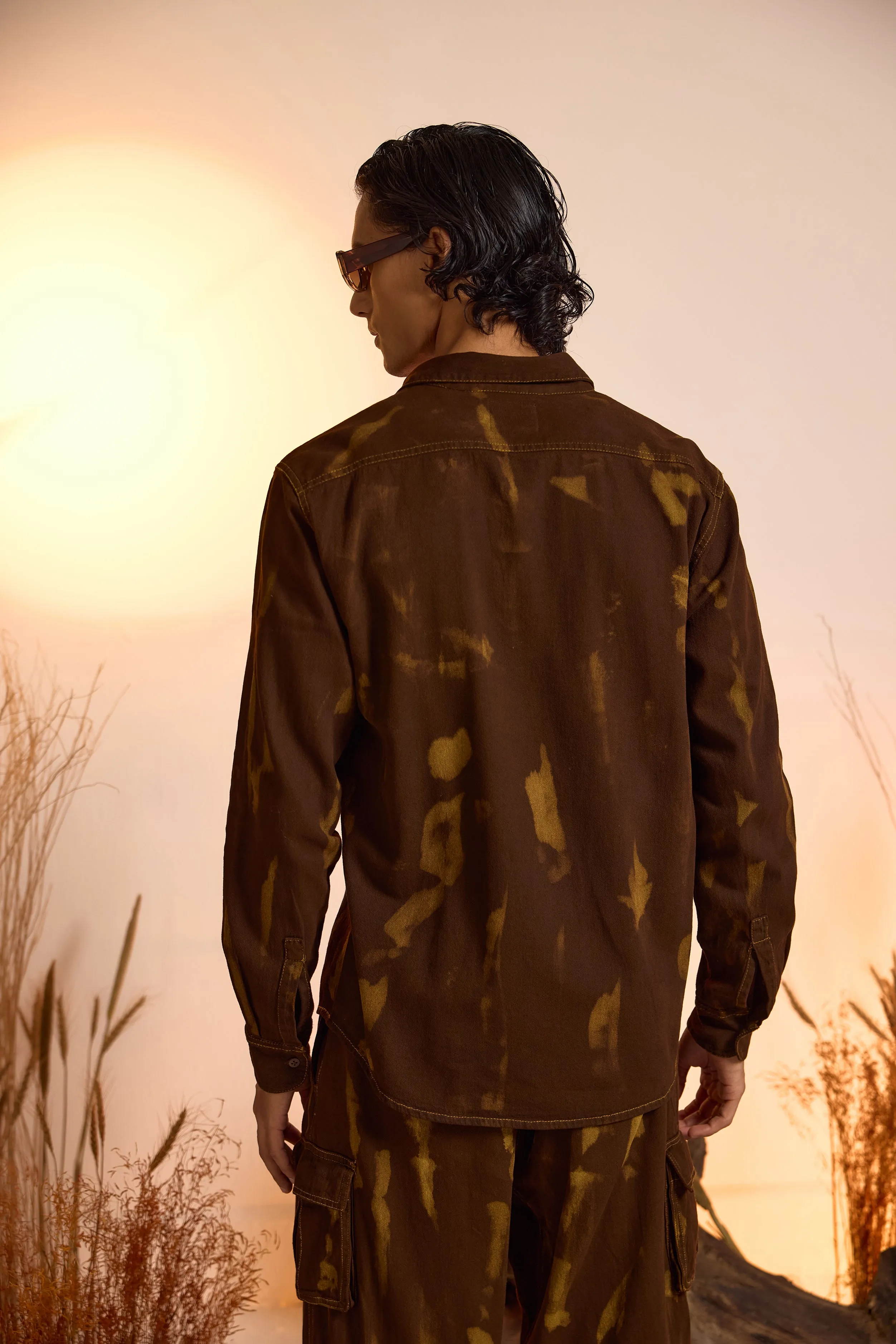 Brown Acid-Wash Denim Shirt & Jogger Set-Men