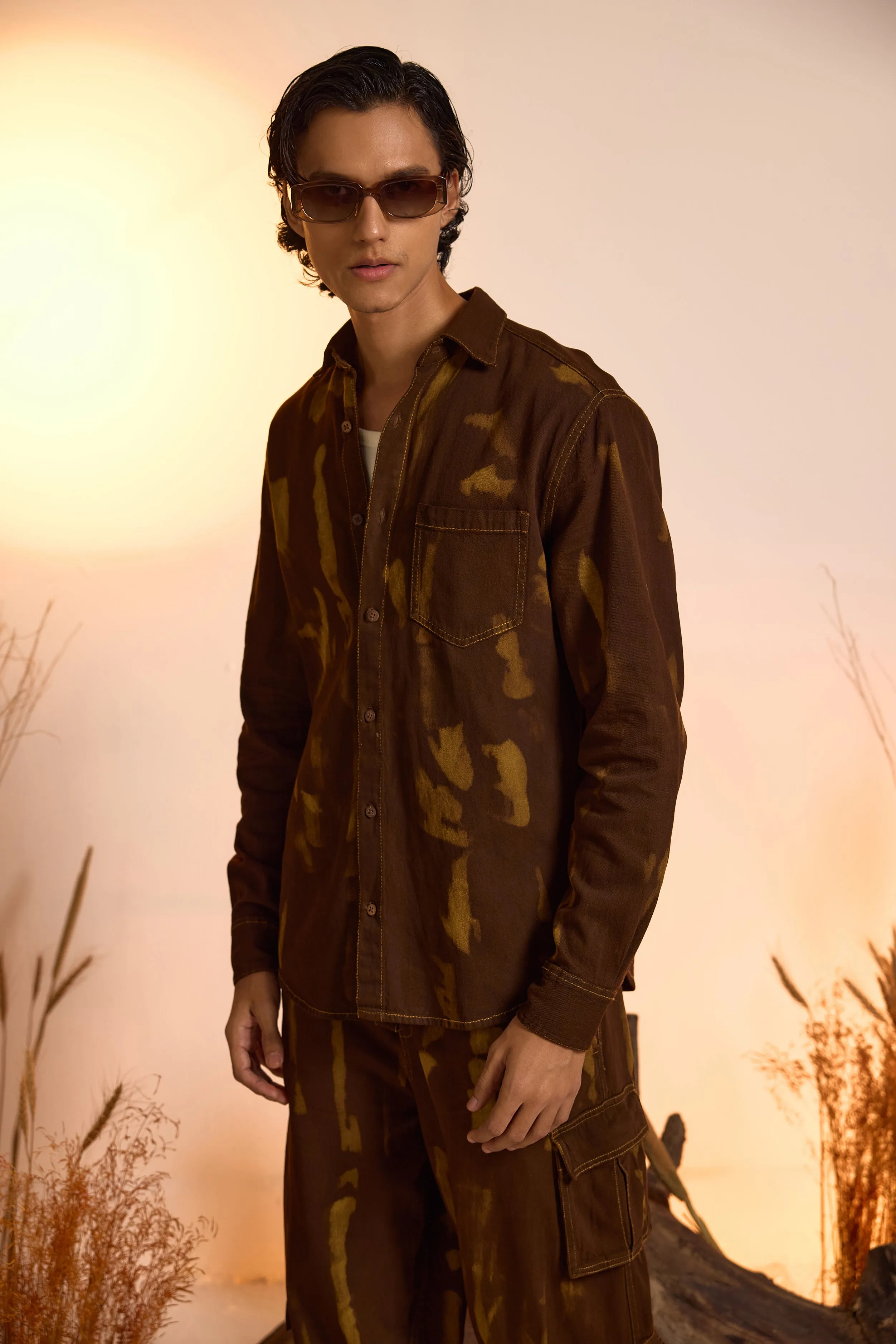 Brown Acid-Wash Denim Shirt & Jogger Set-Men