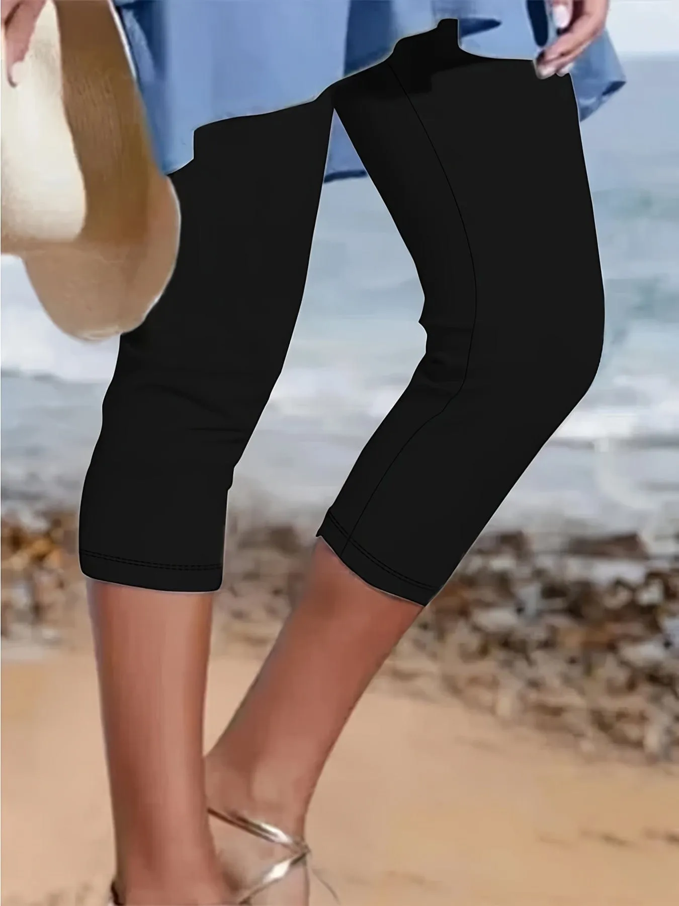 Casual Solid Capri Length Leggings Pants