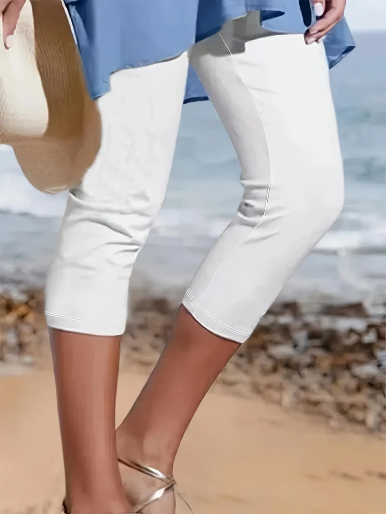 Casual Solid Capri Length Leggings Pants