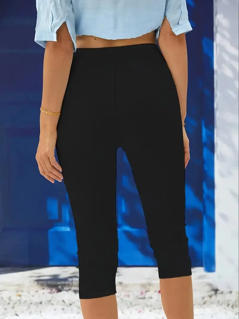Casual Solid Capri Length Leggings Pants