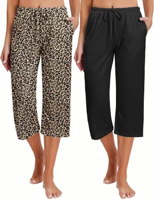 Ekouaer 2 Pack Women's Capri Pajama Pants Printed Drawstring Comfy Pj Bottoms With Pockets