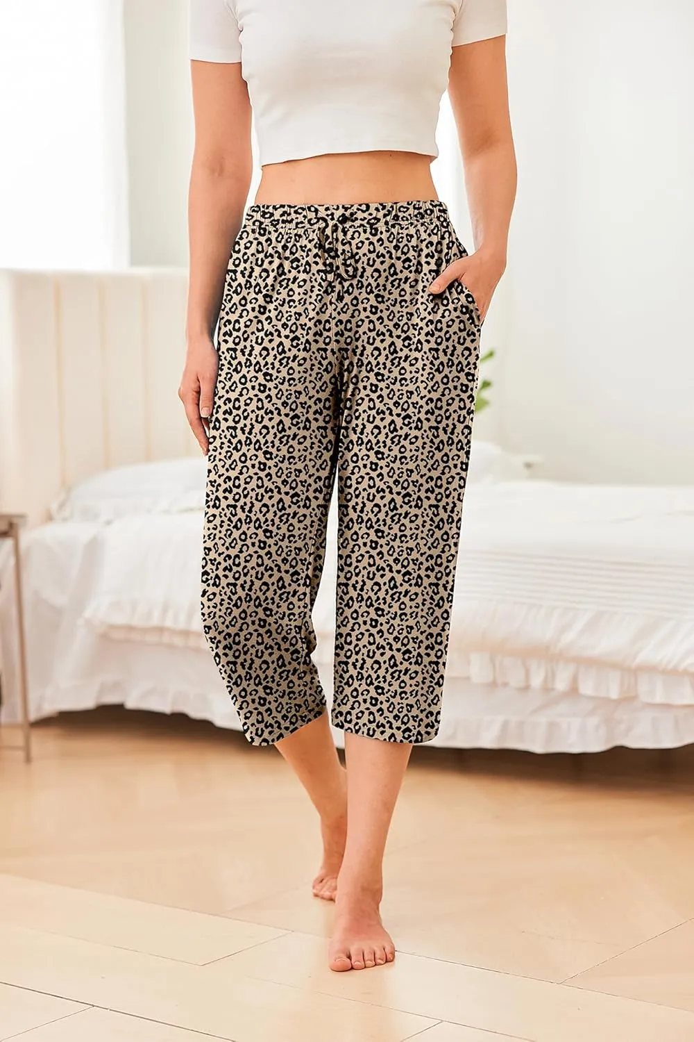 Ekouaer 2 Pack Women's Capri Pajama Pants Printed Drawstring Comfy Pj Bottoms With Pockets
