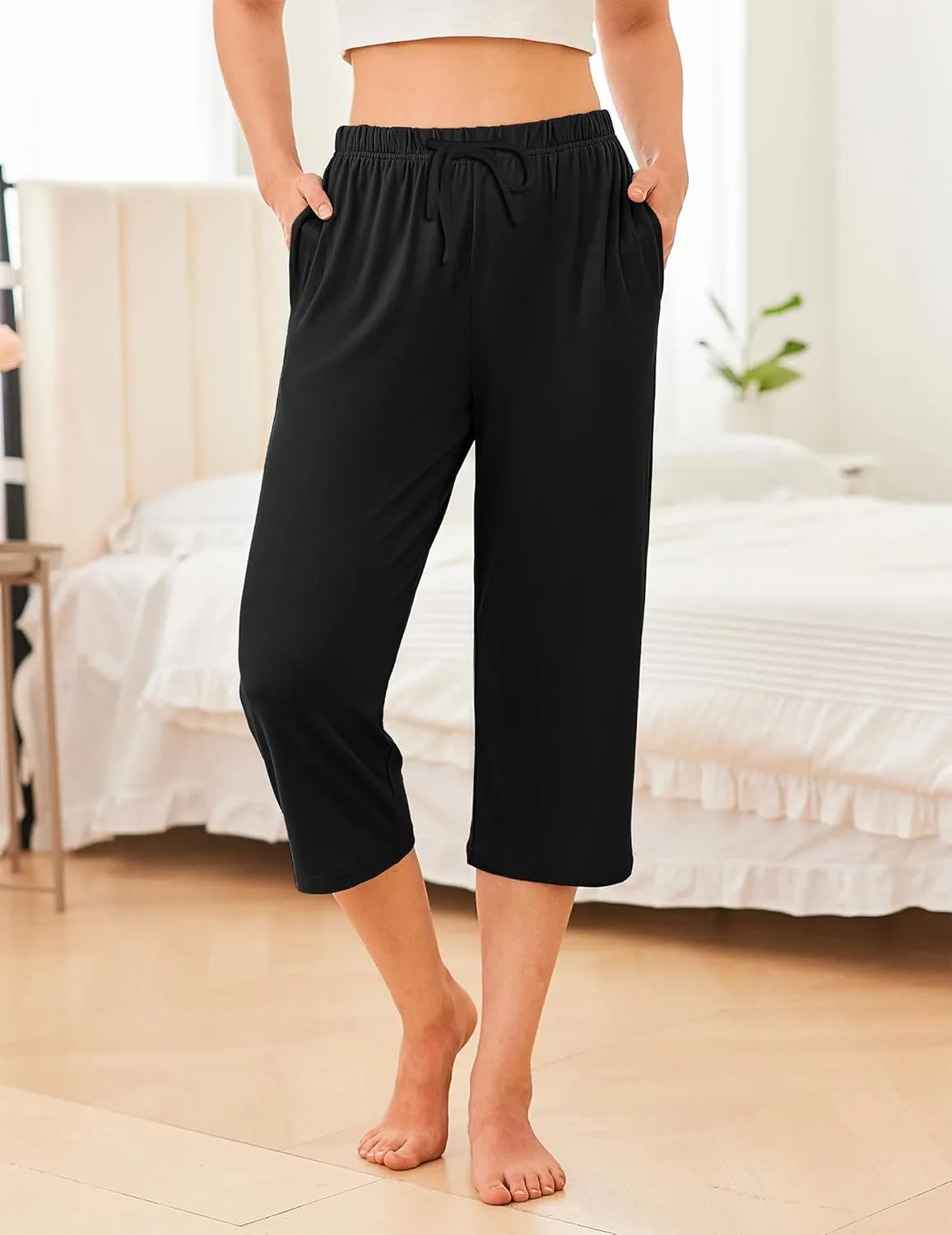 Ekouaer 2 Pack Women's Capri Pajama Pants Printed Drawstring Comfy Pj Bottoms With Pockets