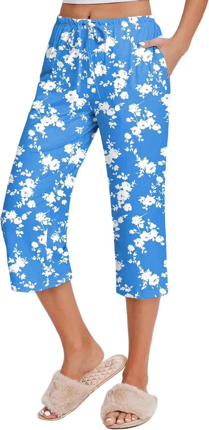 Ekouaer 2 Pack Women's Capri Pajama Pants Printed Drawstring Comfy Pj Bottoms With Pockets
