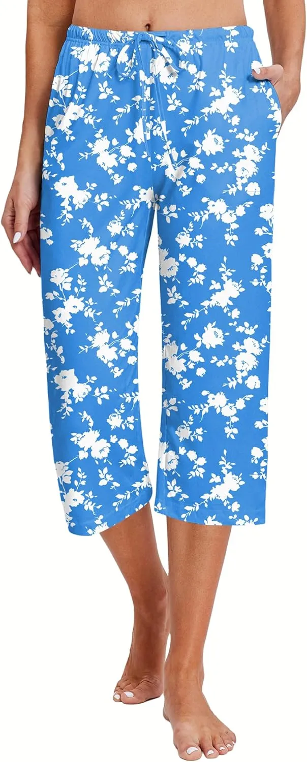 Ekouaer 2 Pack Women's Capri Pajama Pants Printed Drawstring Comfy Pj Bottoms With Pockets