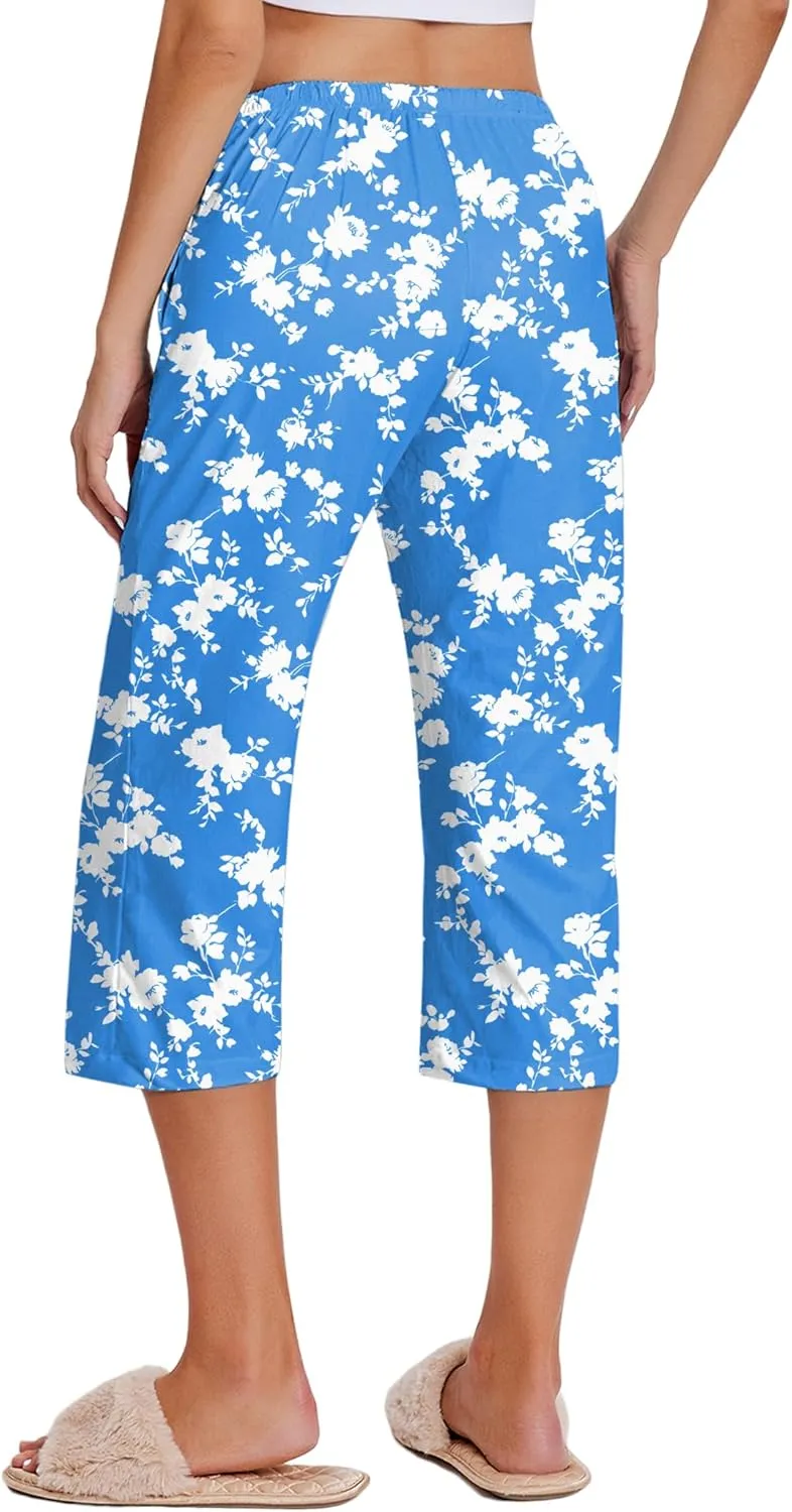 Ekouaer 2 Pack Women's Capri Pajama Pants Printed Drawstring Comfy Pj Bottoms With Pockets