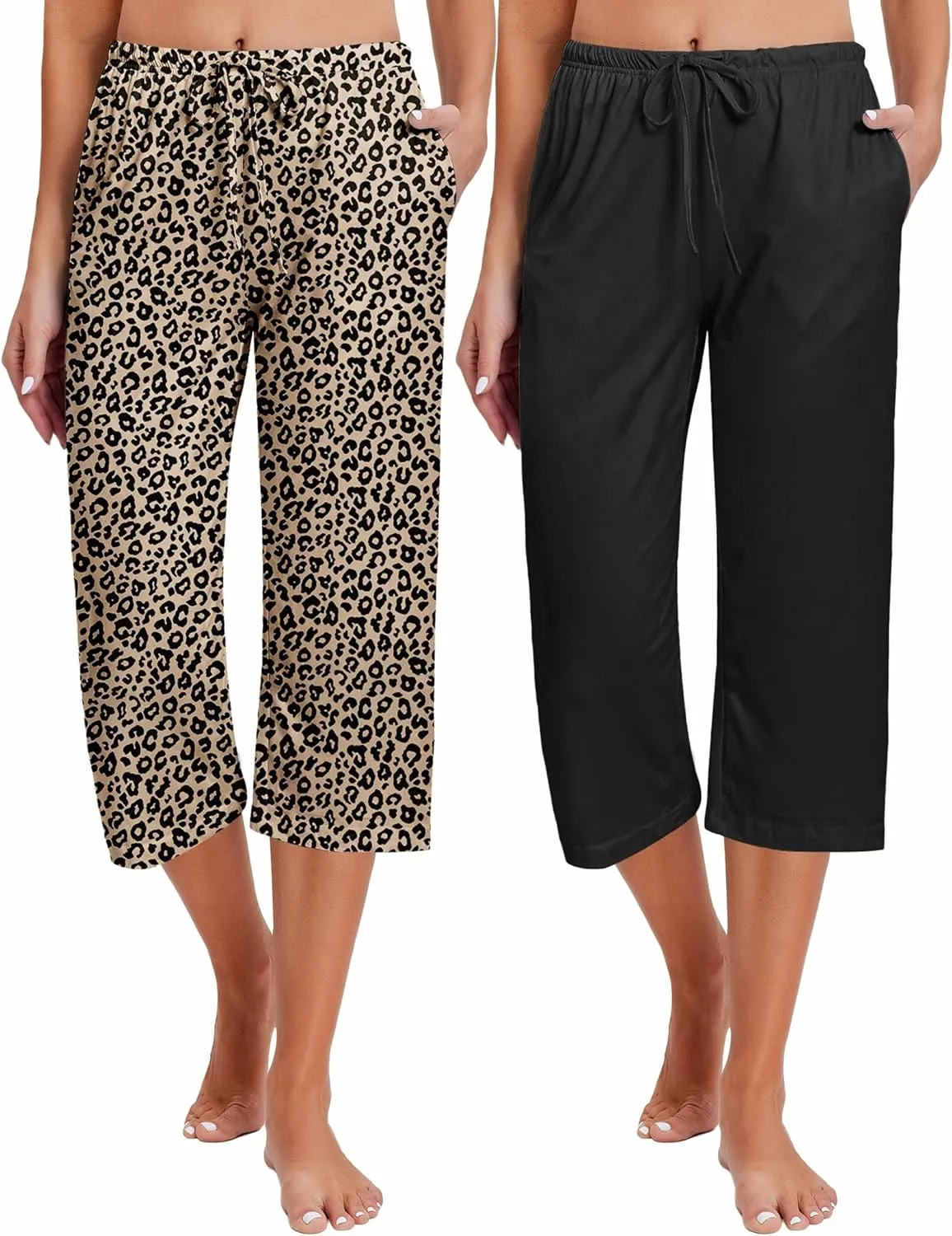 Ekouaer 2 Pack Women's Capri Pajama Pants Printed Drawstring Comfy Pj Bottoms With Pockets