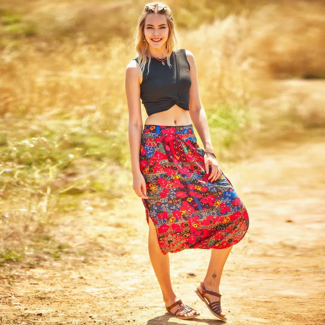 Ethnic Print Elastic Waist Red Capri Skirt Pants