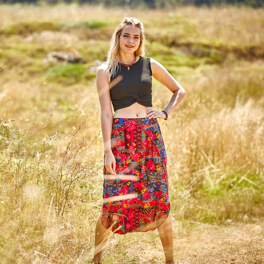 Ethnic Print Elastic Waist Red Capri Skirt Pants