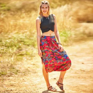 Ethnic Print Elastic Waist Red Capri Skirt Pants