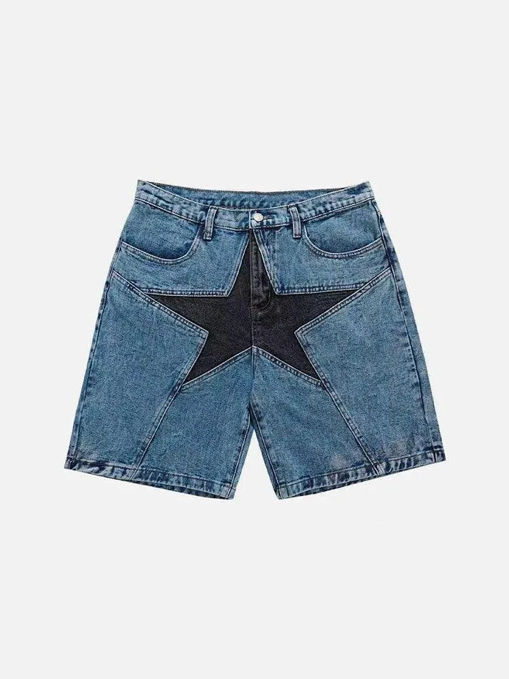 Five-Pointed Star Splicing Slim Ddenim Shorts