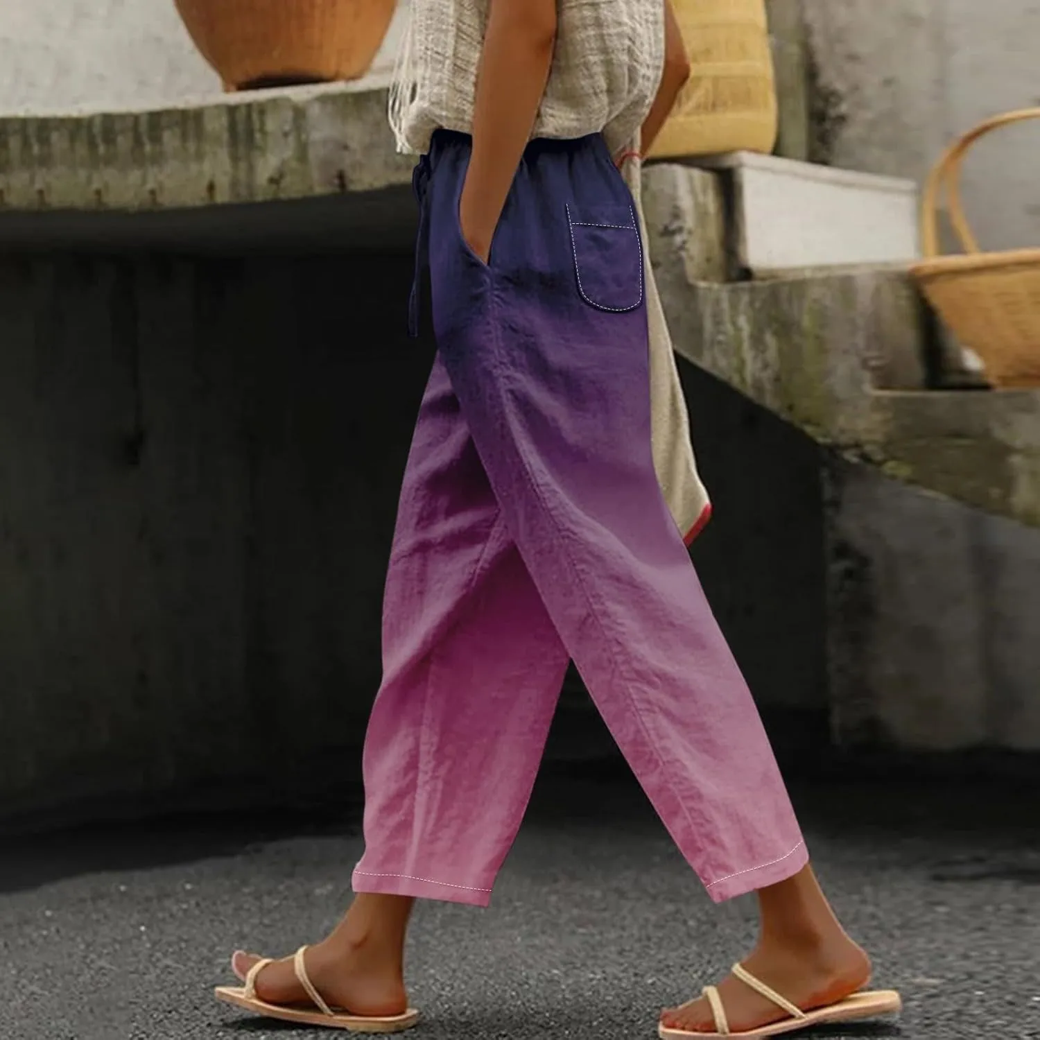 Flowy Linen Pants for Women Drawstring Pants Capri Pants 2025 Pants with Pockets Wide Leg Cropped Pants Wide Leg