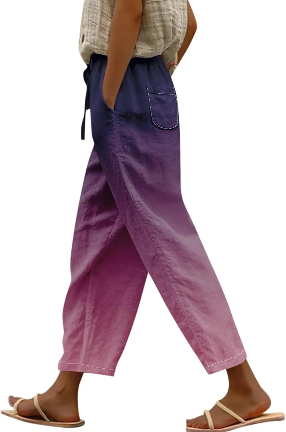 Flowy Linen Pants for Women Drawstring Pants Capri Pants 2025 Pants with Pockets Wide Leg Cropped Pants Wide Leg