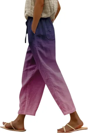 Flowy Linen Pants for Women Drawstring Pants Capri Pants 2025 Pants with Pockets Wide Leg Cropped Pants Wide Leg