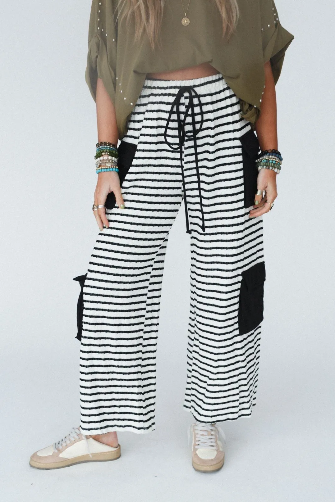Harbor Stripe Wide Leg Pants - Black