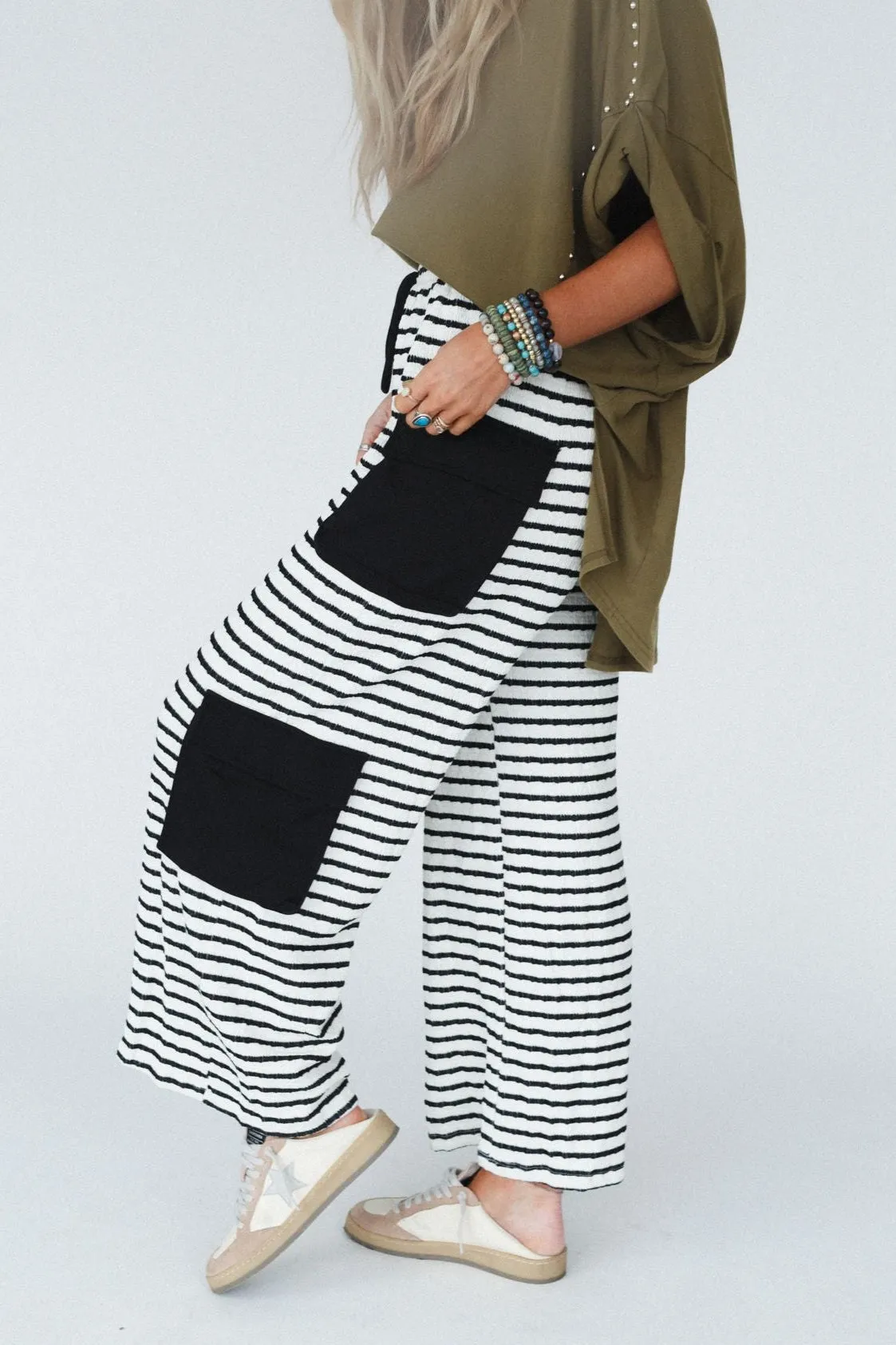 Harbor Stripe Wide Leg Pants - Black