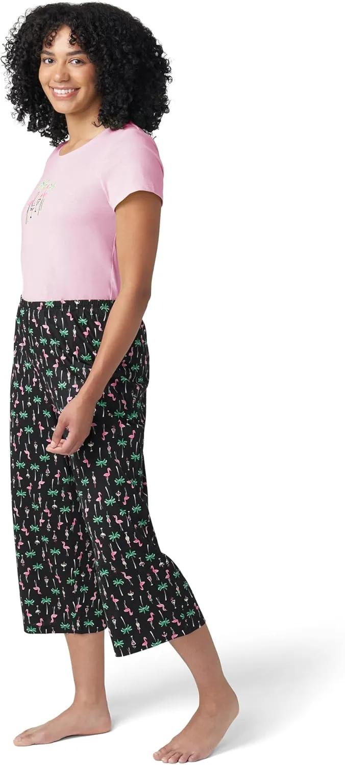 HUE Printed Knit Short Sleeve Tee and Capri 2 Piece Pajama Set Sleepwear