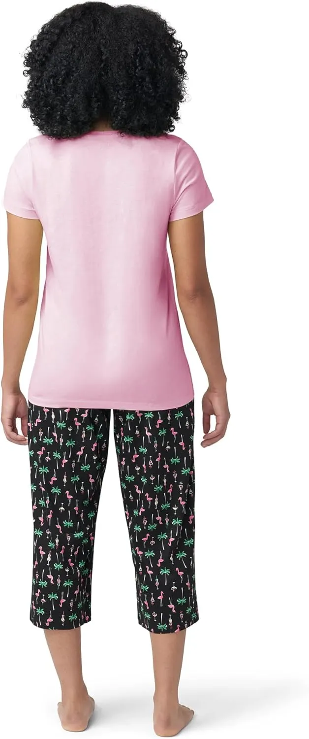 HUE Printed Knit Short Sleeve Tee and Capri 2 Piece Pajama Set Sleepwear