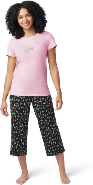 HUE Printed Knit Short Sleeve Tee and Capri 2 Piece Pajama Set Sleepwear
