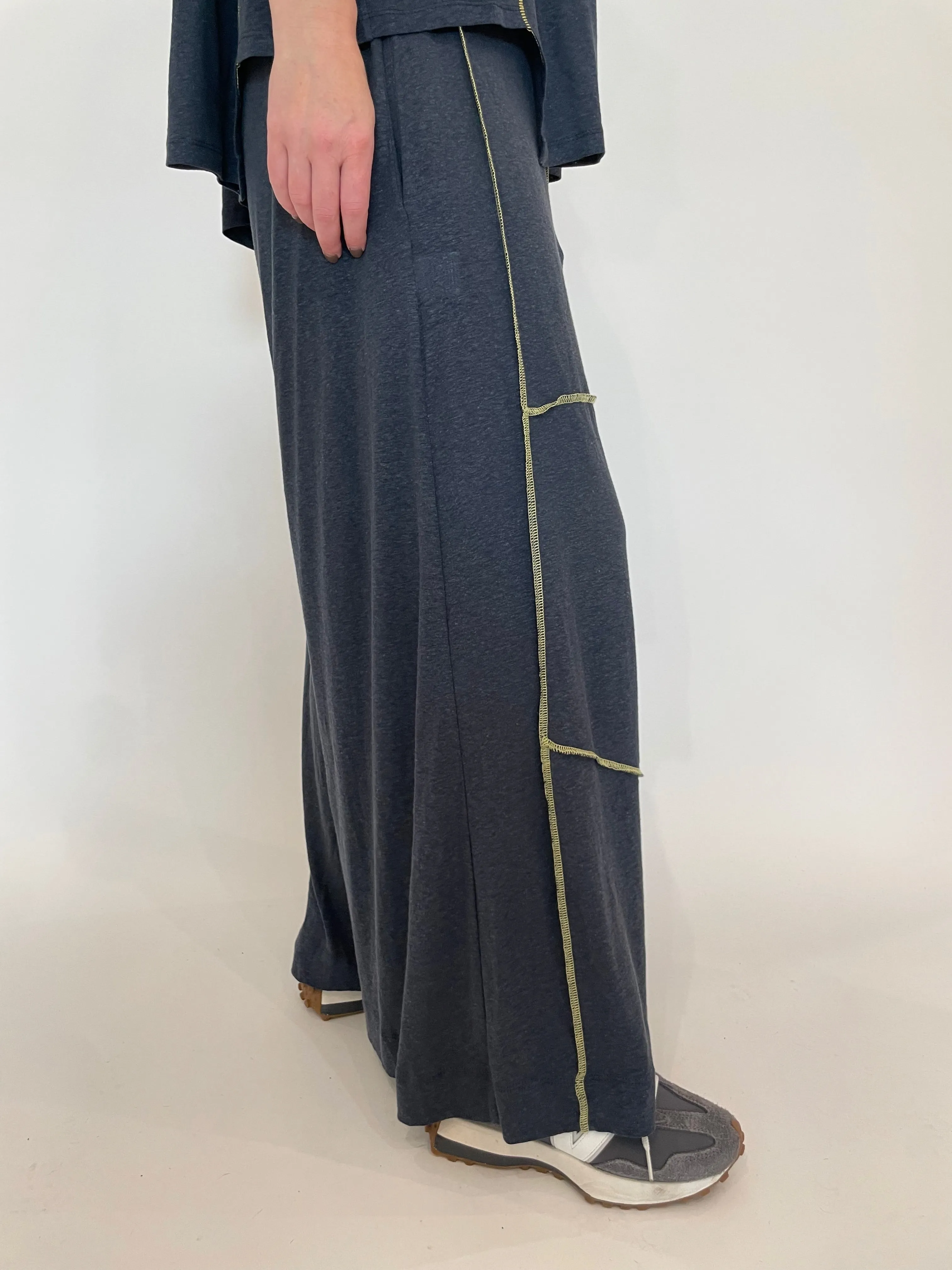 Kira Wide Leg Contrast Stitch Pants - Blue/Yellow