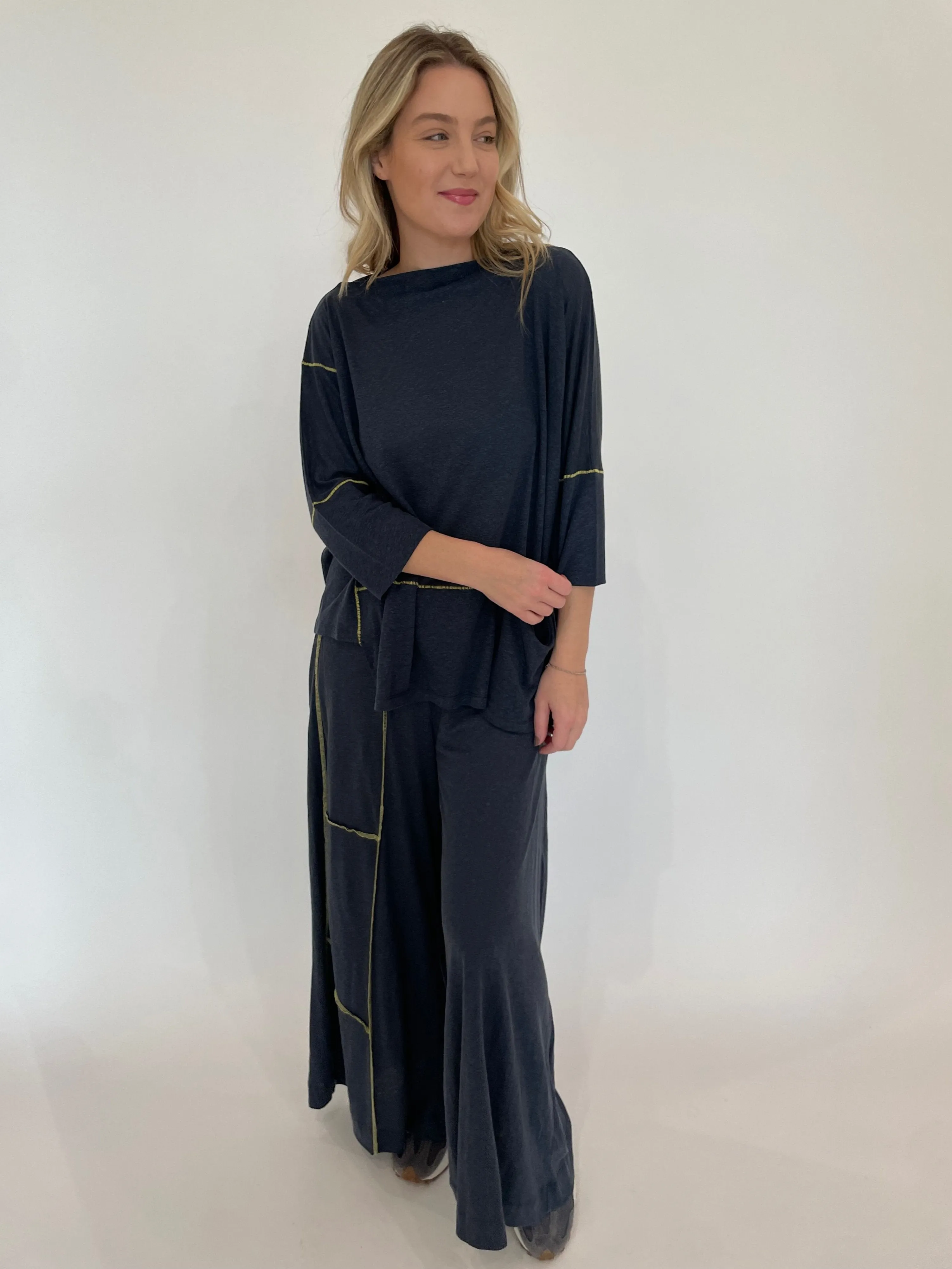 Kira Wide Leg Contrast Stitch Pants - Blue/Yellow