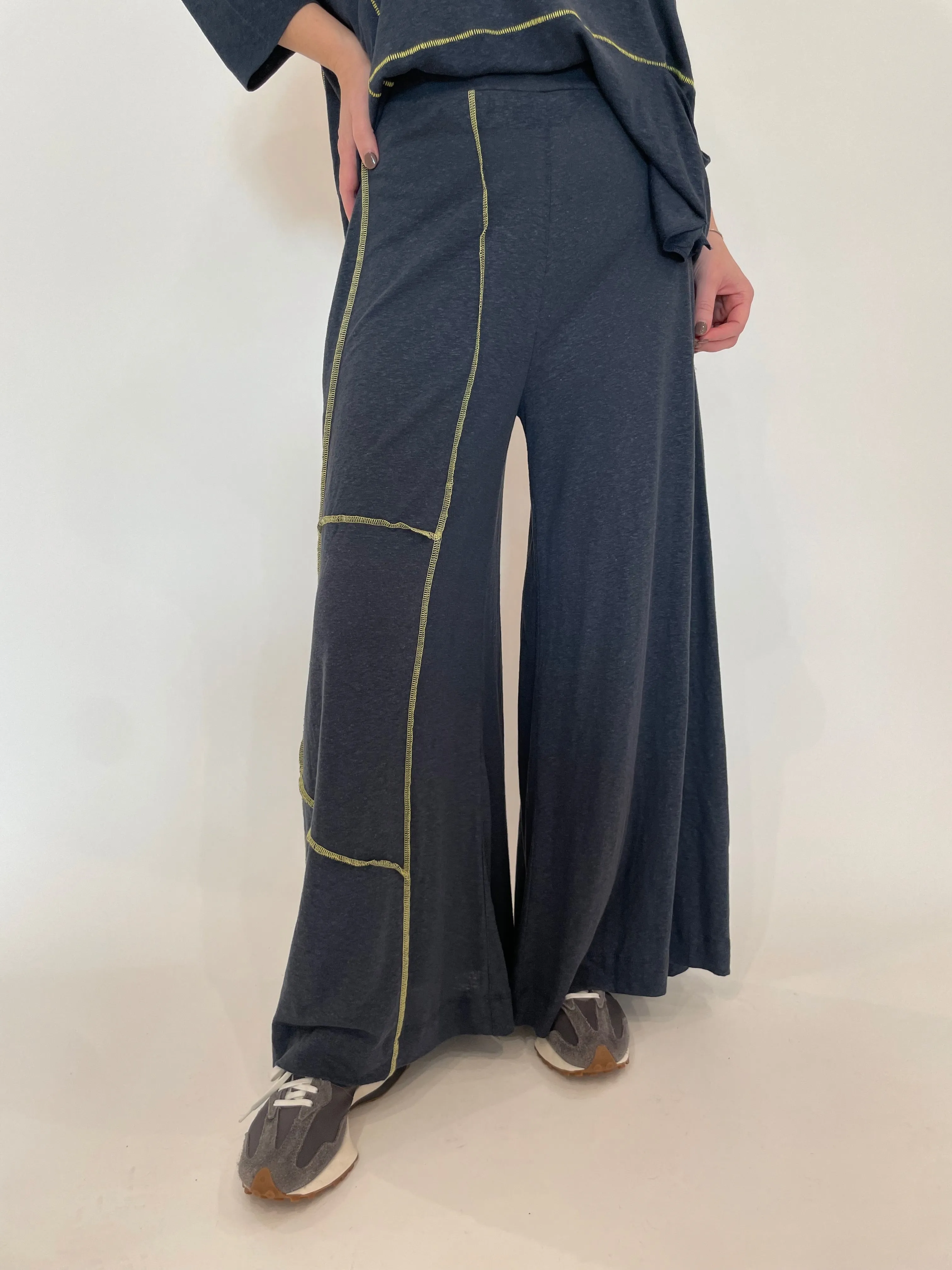 Kira Wide Leg Contrast Stitch Pants - Blue/Yellow