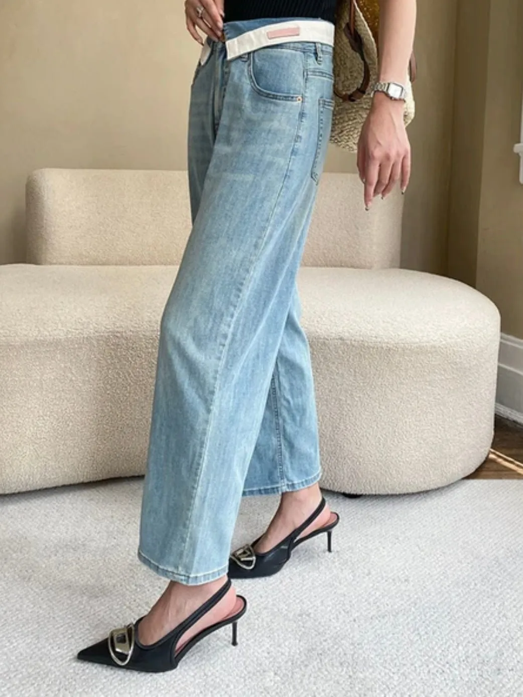 Light blue capri wide fold over waist pants