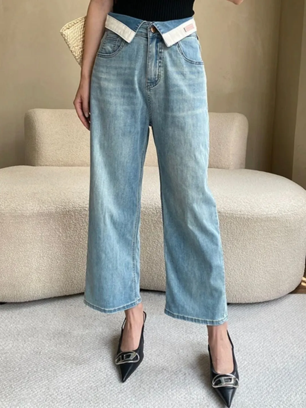 Light blue capri wide fold over waist pants