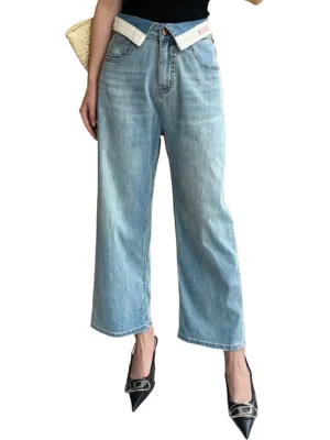 Light blue capri wide fold over waist pants