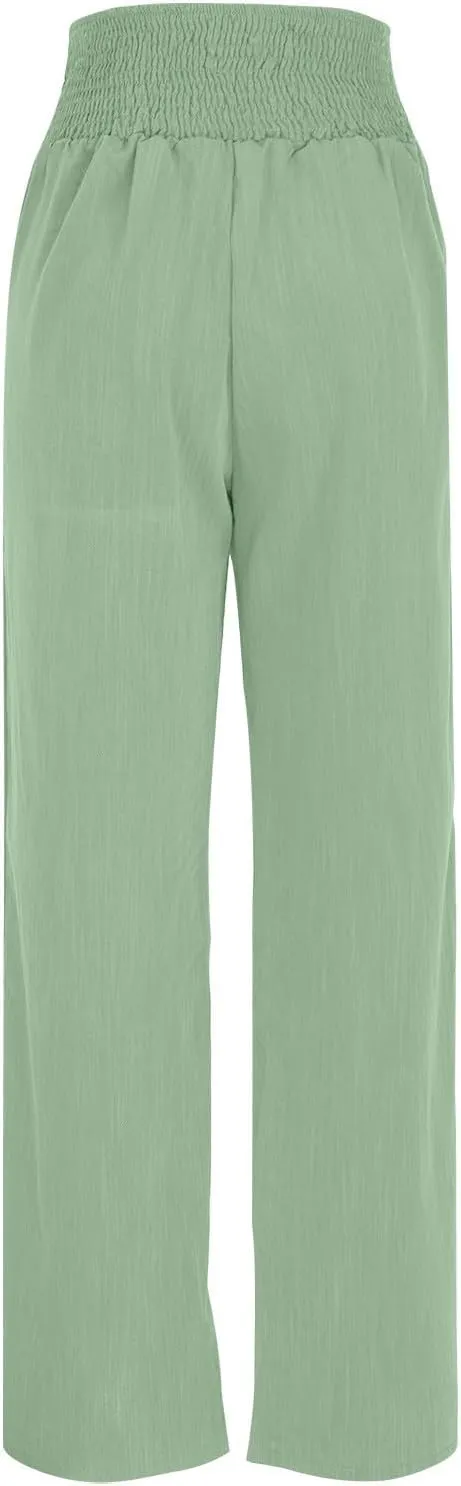 Linen Cotton Pants Women Wide Leg Pant Elastic High Waisted Straight Leg Flowy Casual Work Summer Trousers with Pocket