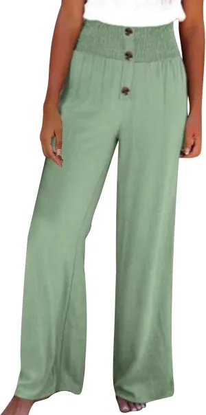 Linen Cotton Pants Women Wide Leg Pant Elastic High Waisted Straight Leg Flowy Casual Work Summer Trousers with Pocket